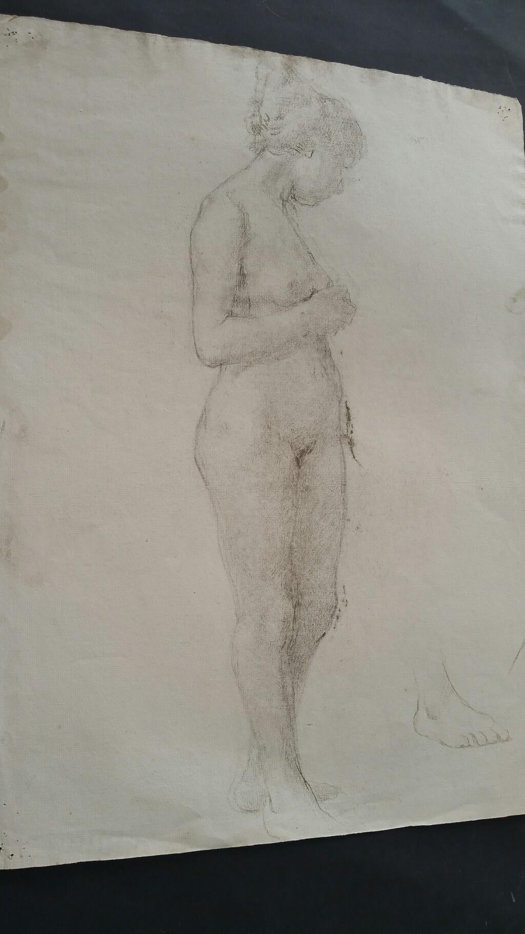English Antique Portrait Sketch of Female Nude Standing - Impressionist Art by Henry George Moon