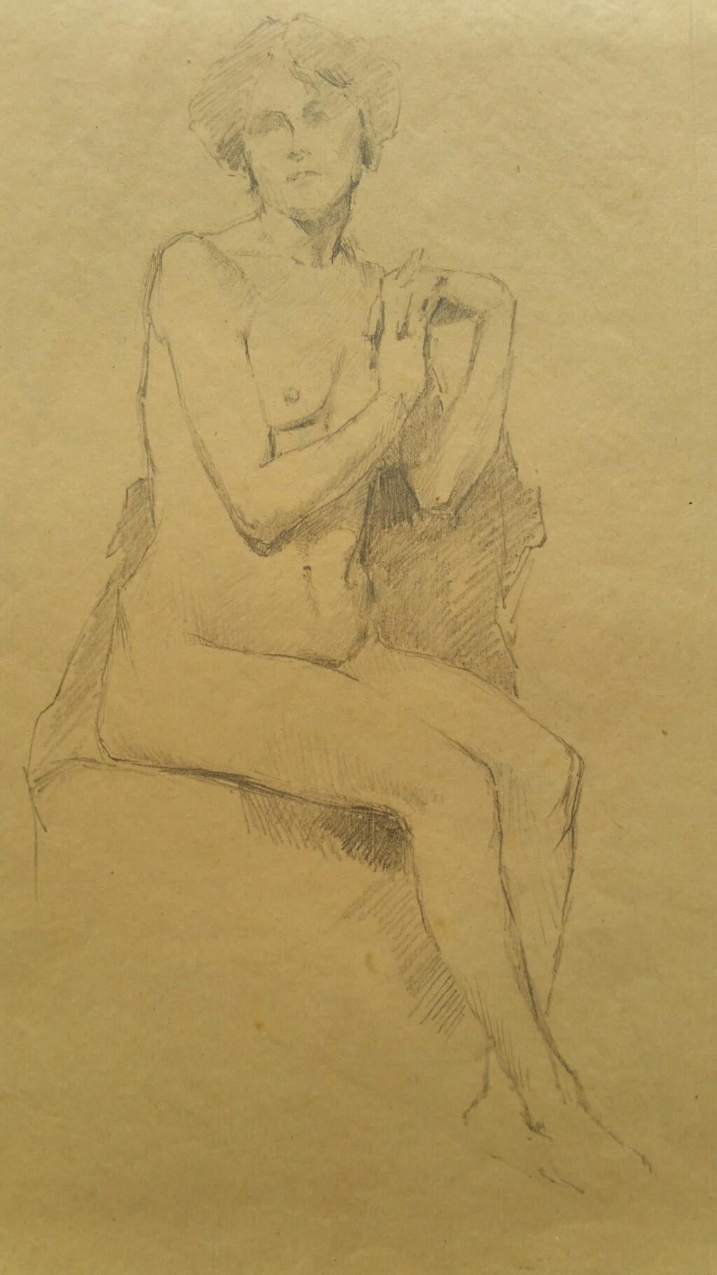 Esquisse au graphite d'une femme nue, assise (avec image supplémentaire jointe) 
par Henry George Moon (britannique, 1857-1905)
sur papier d'artiste fin jauni, non encadré
mesures : feuille 14.75 x 10 pouces 

provenance : de la succession de