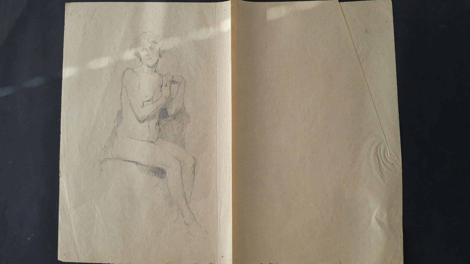 English Antique Portrait Sketch of Female Nude Seated (with additional image) - Impressionist Art by Henry George Moon