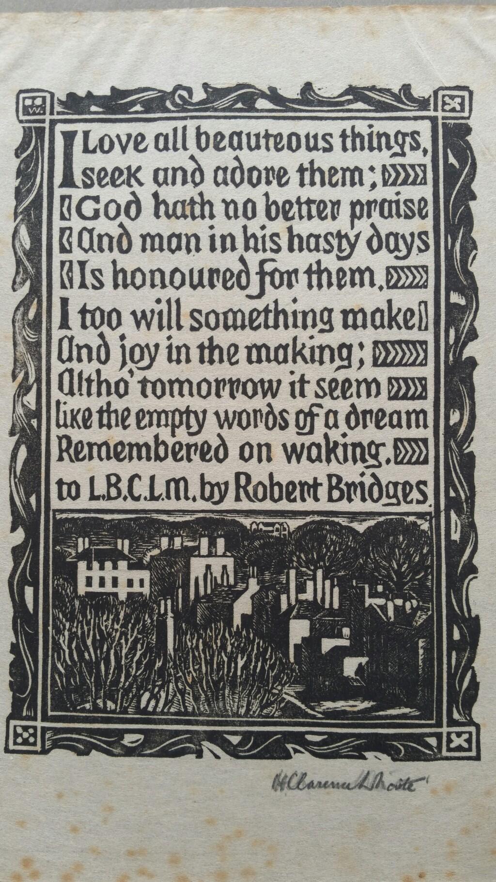 English Antique Woodcut Engraving, Signed, of Prose by Robert Bridges