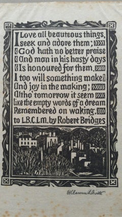 Grabado xilográfico antiguo inglés, firmado, de la prosa de Robert Bridges