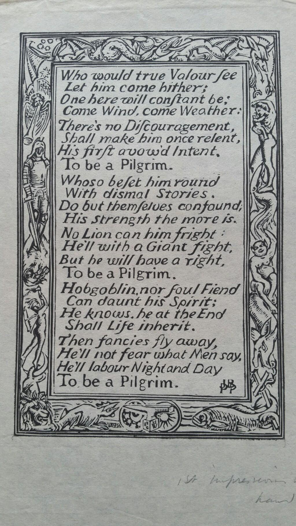English Antique Woodcut Engraving, Inscribed, of Bunyan Hymn