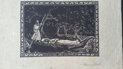 English Antique Woodcut Engraving, Signed, Elaine's Last Journey