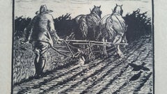 Englische antike Holzschnitt-Stickerei, Mann, der die Feldern mit Pferd durchzieht