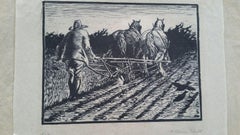 Englische antike Holzschnitt-Stickerei, Mann, der die Feldern mit Pferd durchzieht