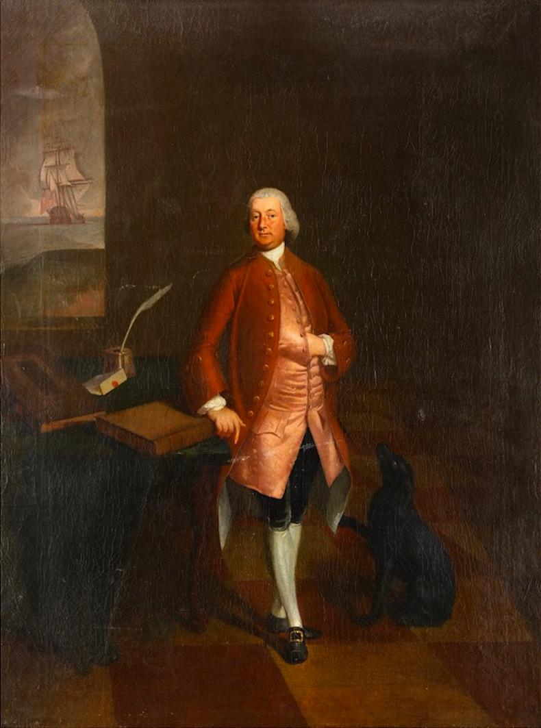 EDWARD ALCOCK (BRITISH 1745 - 1778) Figurative Painting - 18th Century English Oil Painting Portrait of Shipping Merchant with Ship 
Dog