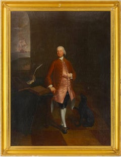 18th Century English Oil Painting Portrait of Shipping Merchant with Ship & Dog