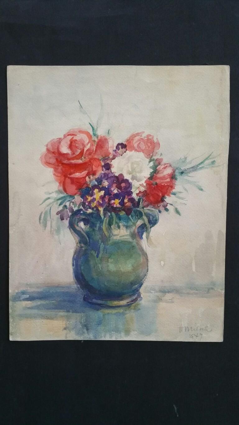 French Watercolour Ecole de Paris Mid 20th Century Floral Display  - Painting by Henri Miloch
