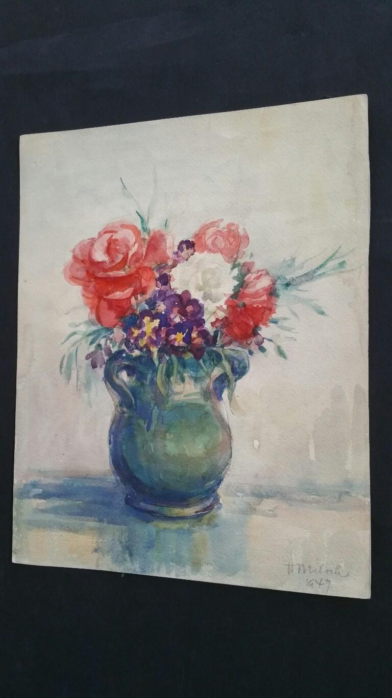 Summer Floral Display in a Green Jug
by Henri Miloch (1898-1979)
signed lower right and dated 1947
watercolour painting on artist's paper, unframed

sheet: 12 x 9.5 inches

Delightful still life painting by the highly regarded painter, Henri Miloch.