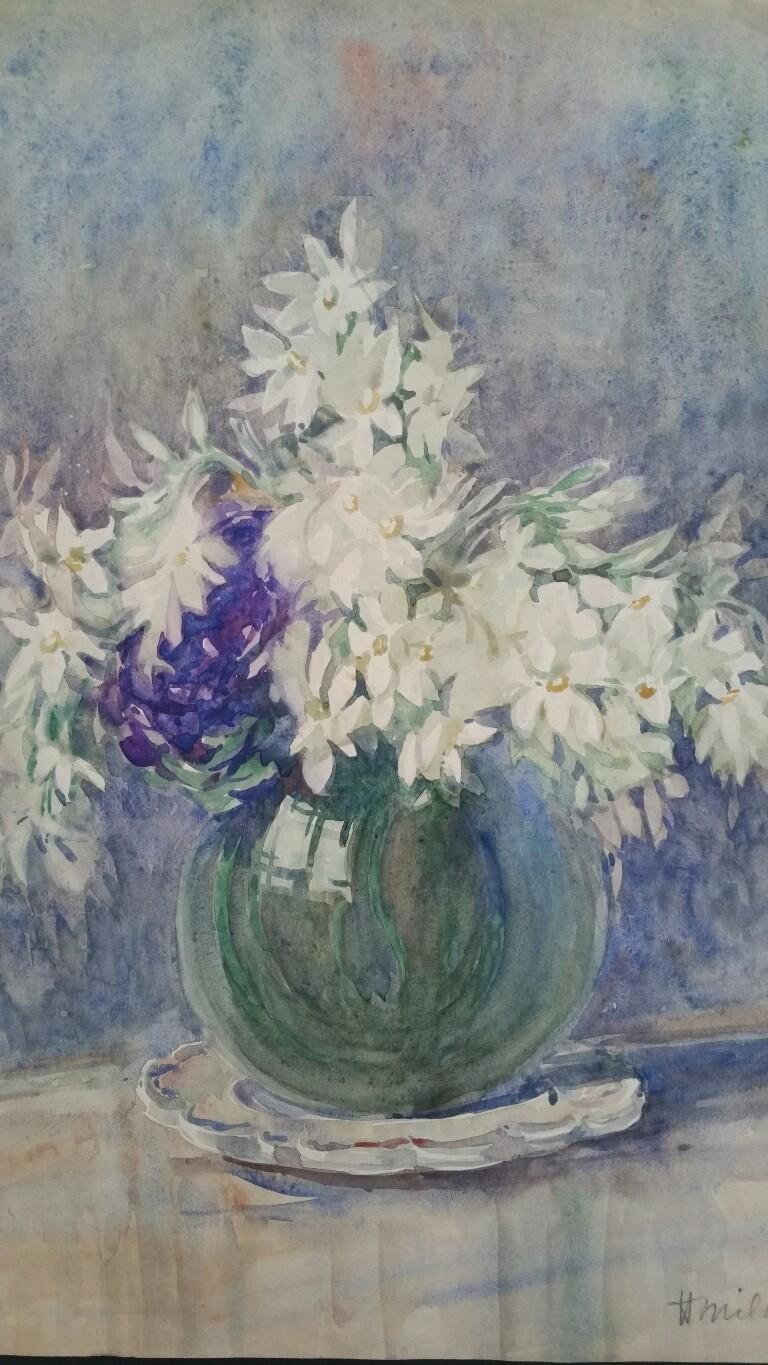 French Watercolour Ecole de Paris Mid 20th Century White Flowers 