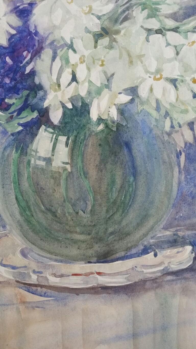 Acquerello francese Ecole de Paris Mid 20th Century Fiori bianchi - Painting Dopoguerra di Henri Miloch