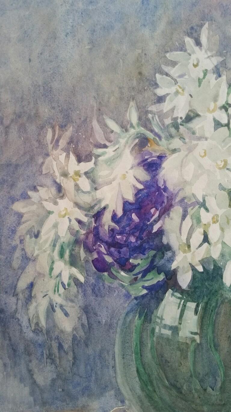Acquerello francese Ecole de Paris Mid 20th Century Fiori bianchi - Still-Life Painting Grigio di Henri Miloch
