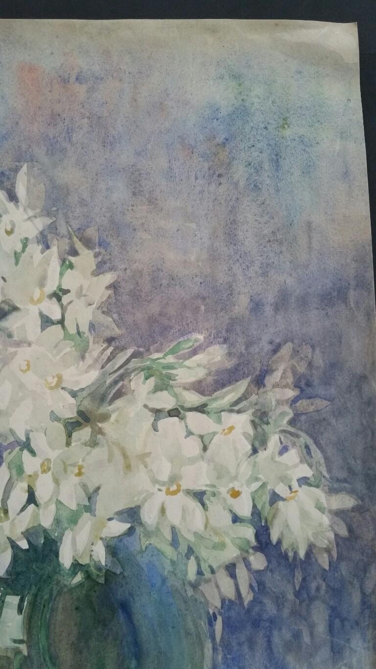 Esposizione di fiori bianchi in un vaso di vetro
di Henri Miloch (1898-1979)
firmato in basso a destra 
acquerello su carta d'artista, non incorniciato

foglio: 18 x 12 pollici

Affascinante natura morta dell'apprezzato pittore Henri Miloch. Firmato