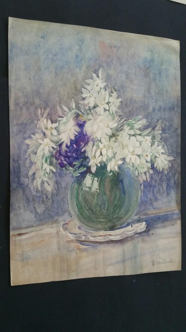 Acquerello francese Ecole de Paris Mid 20th Century Fiori bianchi in vendita 1