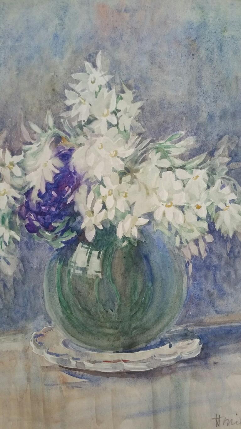 Acquerello francese Ecole de Paris Mid 20th Century Fiori bianchi in vendita 2