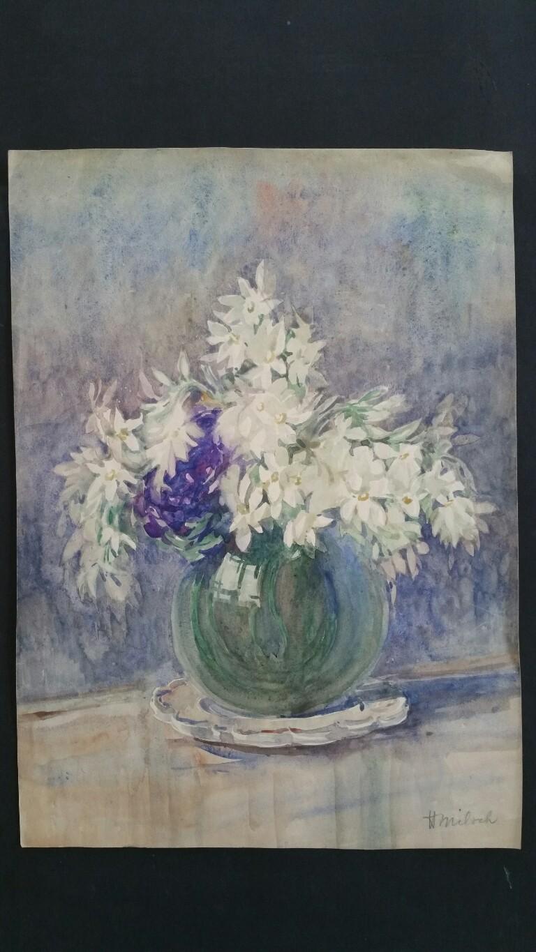 Acquerello francese Ecole de Paris Mid 20th Century Fiori bianchi in vendita 4