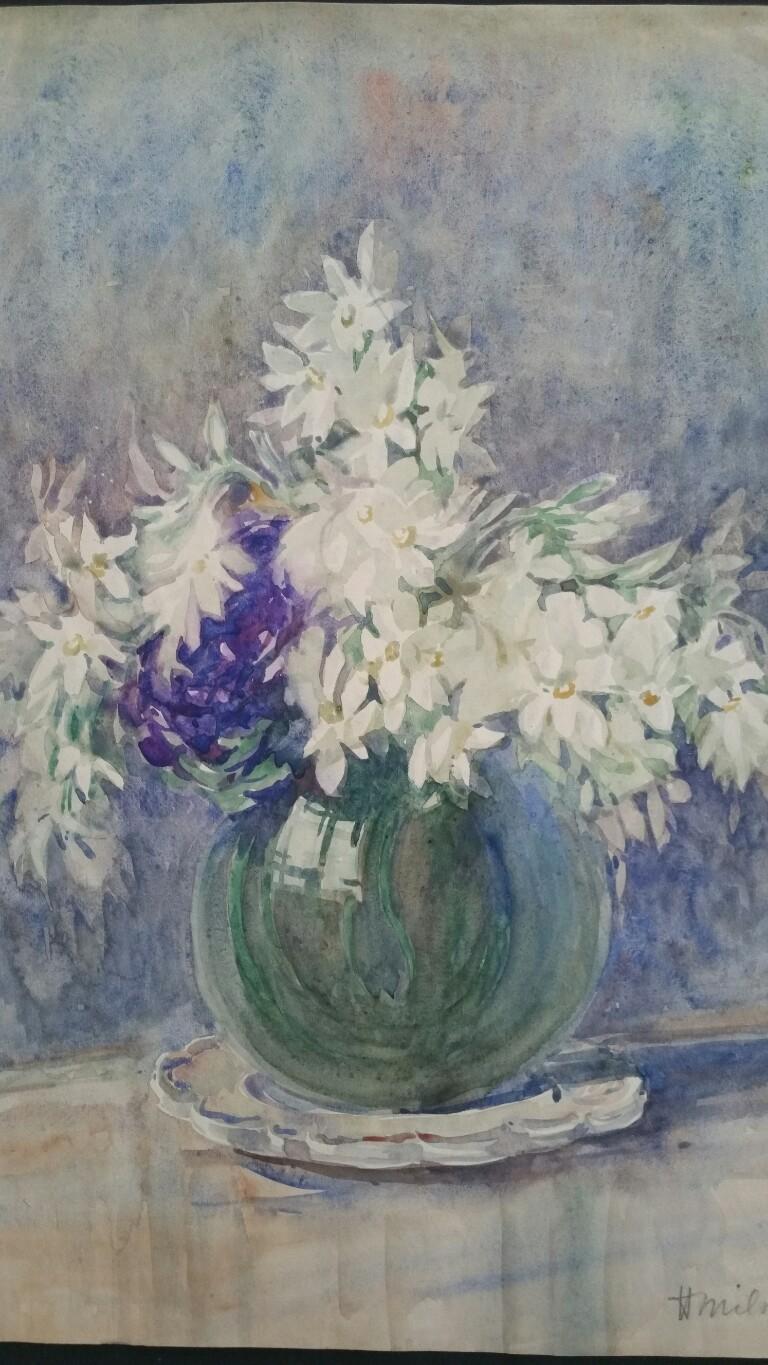 Acquerello francese Ecole de Paris Mid 20th Century Fiori bianchi in vendita 5