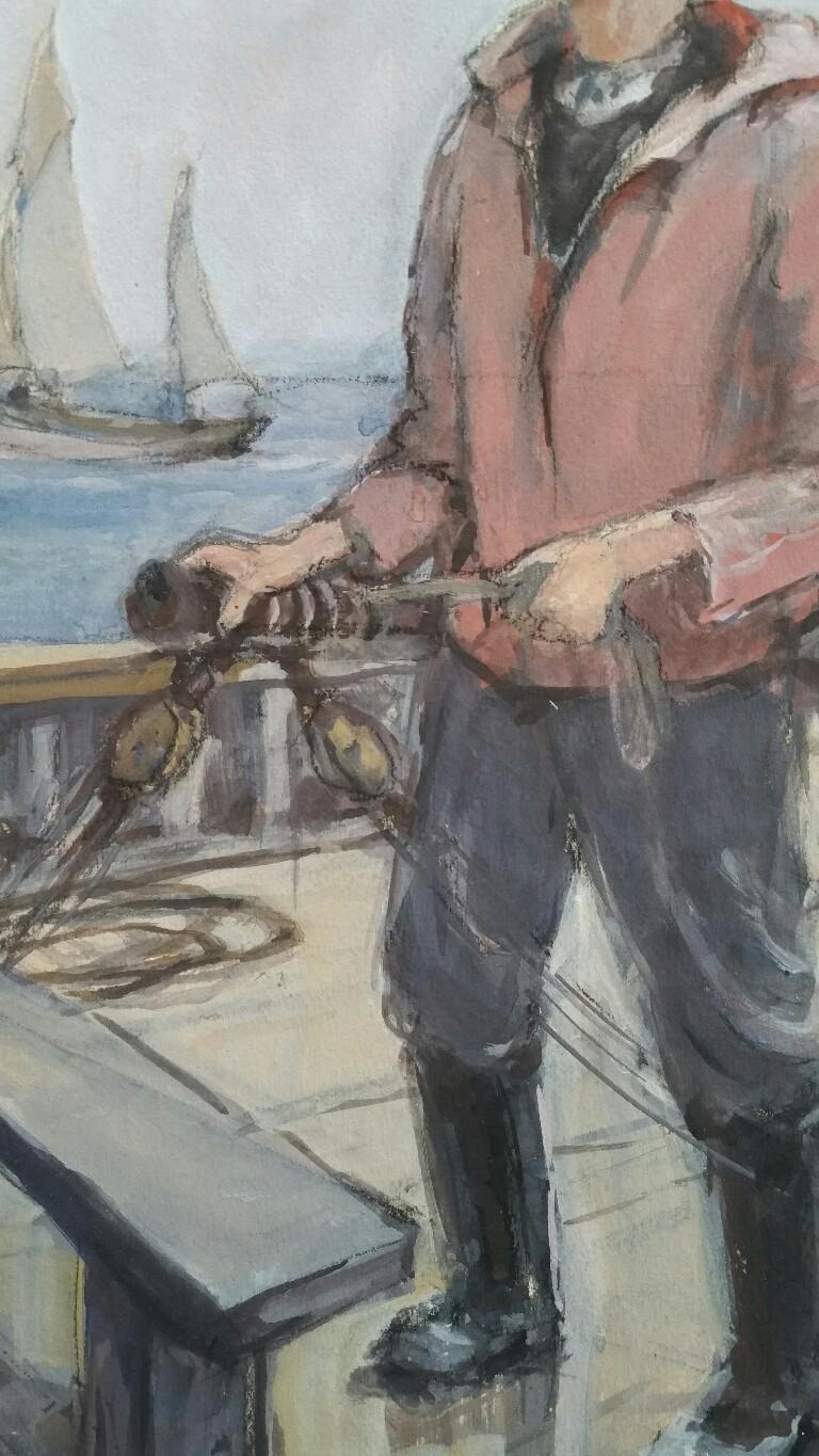 French Watercolour Breton School Mid 20th Century Fisherman  - Impressionist Painting by Henri Miloch