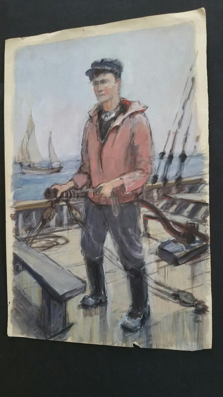 French Watercolour Breton School Mid 20th Century Fisherman  - Painting by Henri Miloch