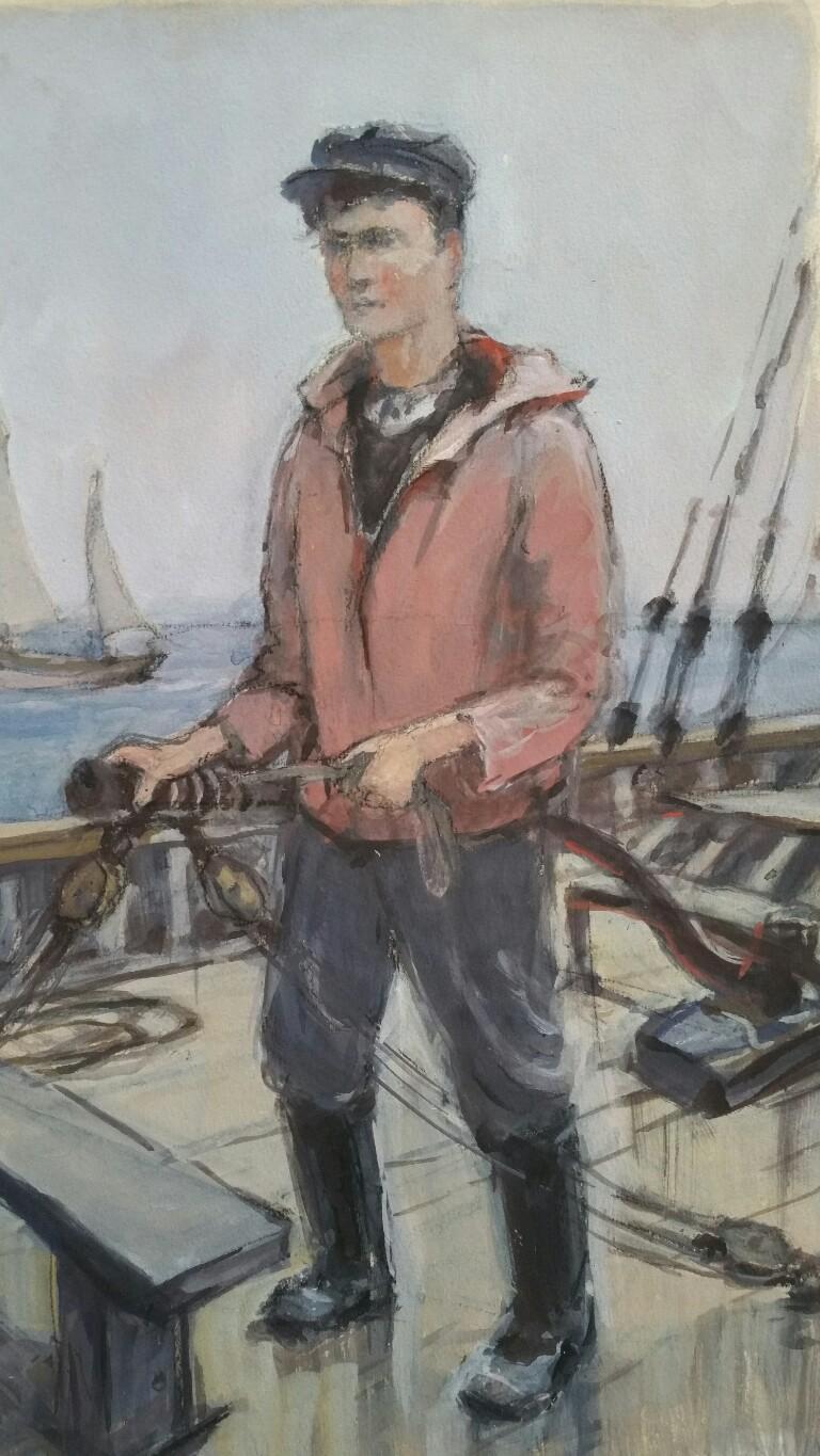 French Watercolour Breton School Mid 20th Century Fisherman 
