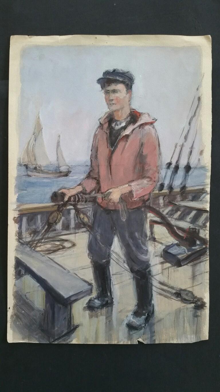 French Watercolour Breton School Mid 20th Century Fisherman  3