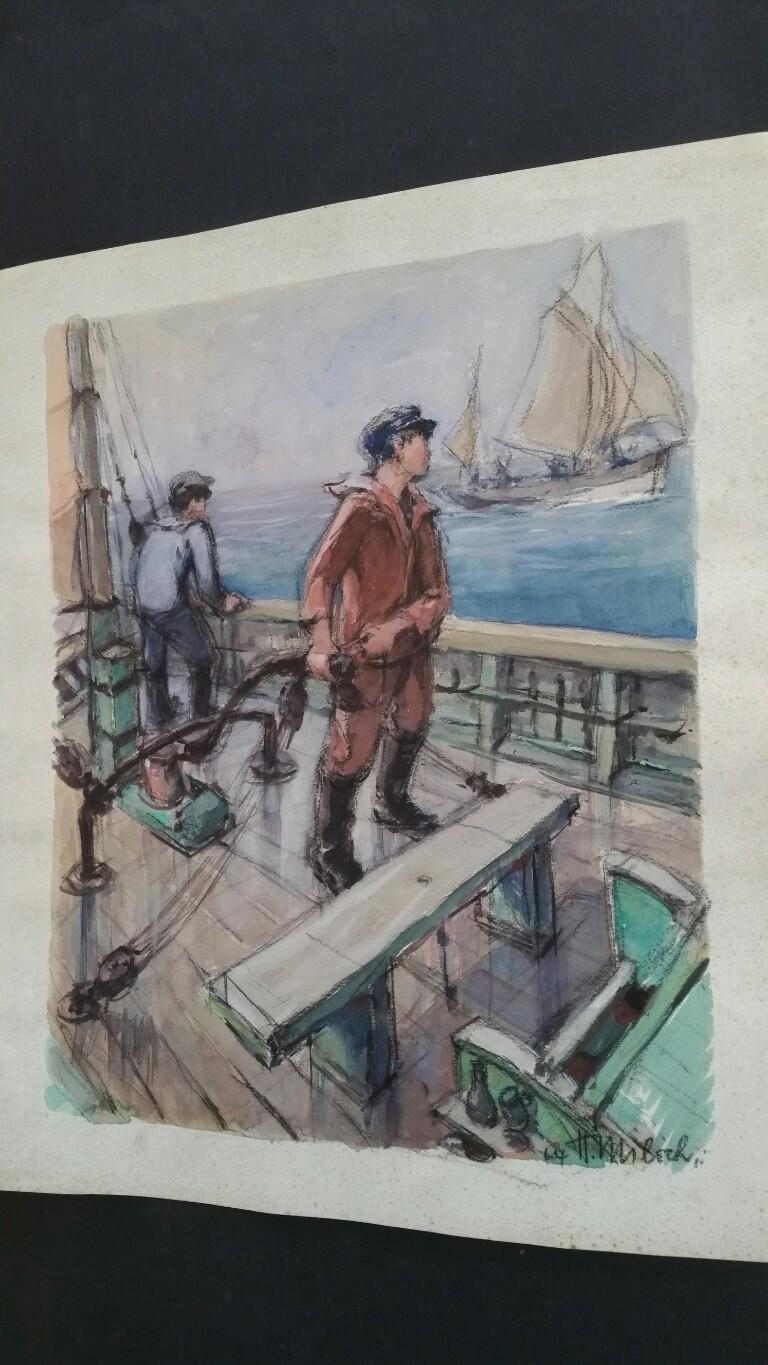 French Watercolour Breton School Mid 20th Century Fishing Fleet - Gray Portrait Painting by Henri Miloch
