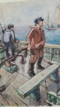 French Watercolour Breton School Mid 20th Century Fishing Fleet