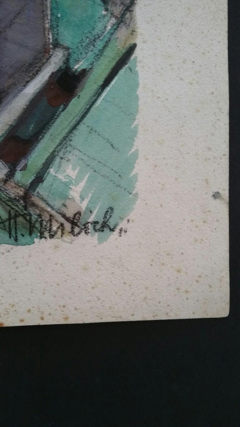 Acquerello francese di scuola bretone della metà del XX secolo Flotta di pescatori in vendita 5