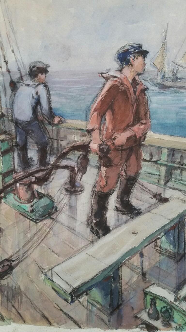 French Watercolour Breton School Mid 20th Century Fishing Fleet - Modern Painting by Henri Miloch