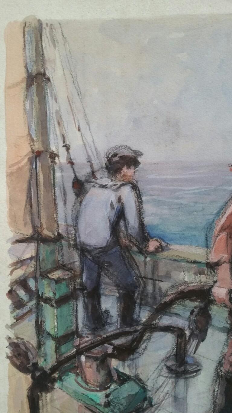Acquerello francese di scuola bretone della metà del XX secolo Flotta di pescatori in vendita 4