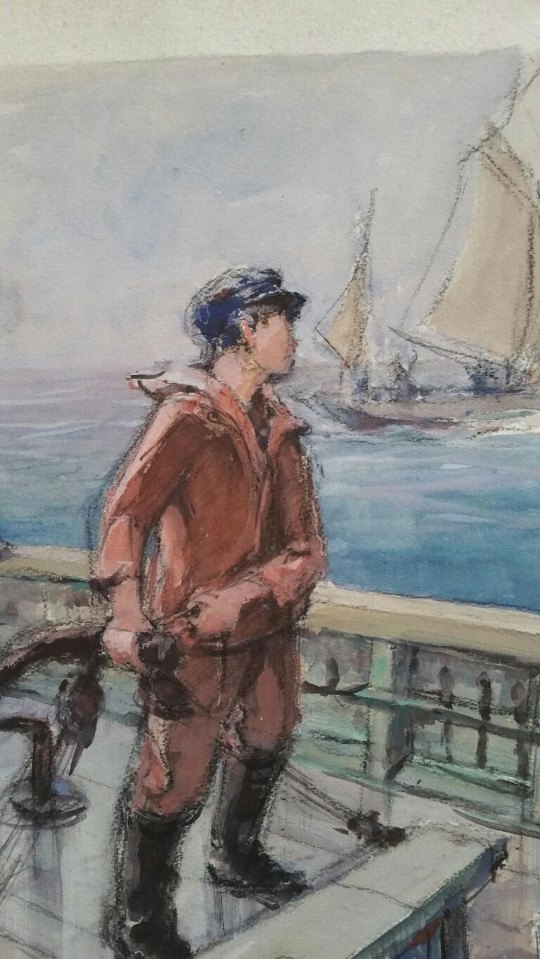 Acquerello francese di scuola bretone della metà del XX secolo Flotta di pescatori - Painting Moderno di Henri Miloch