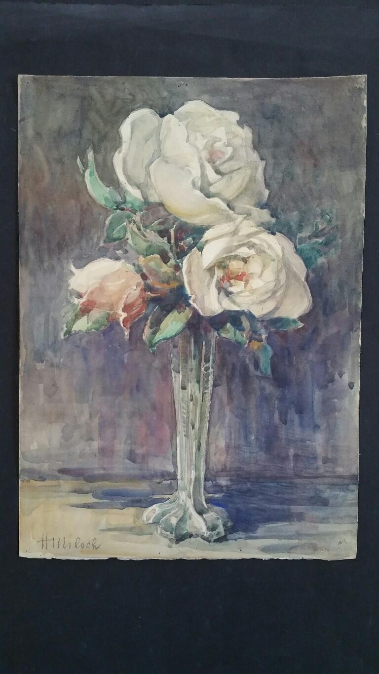 French Watercolour Ecole de Paris Mid 20th Century Roses  - Art by Henri Miloch