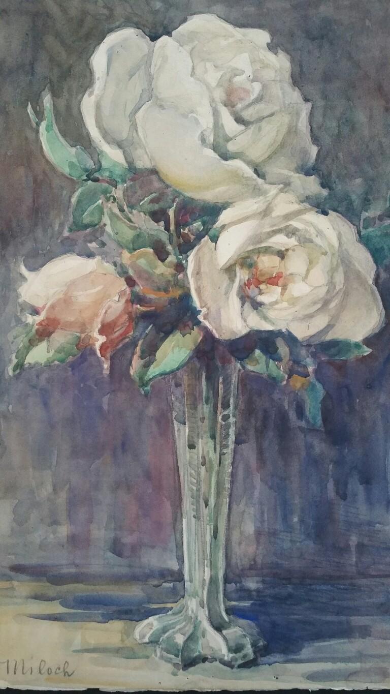 Still-Life Henri Miloch - Aquarelle de l'École de Paris, milieu du 20e siècle, roses