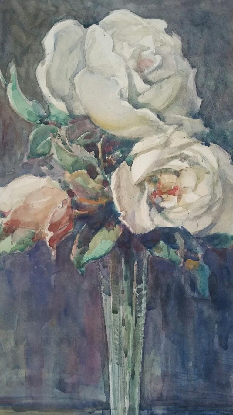 French Watercolour Ecole de Paris Mid 20th Century Roses  For Sale 1