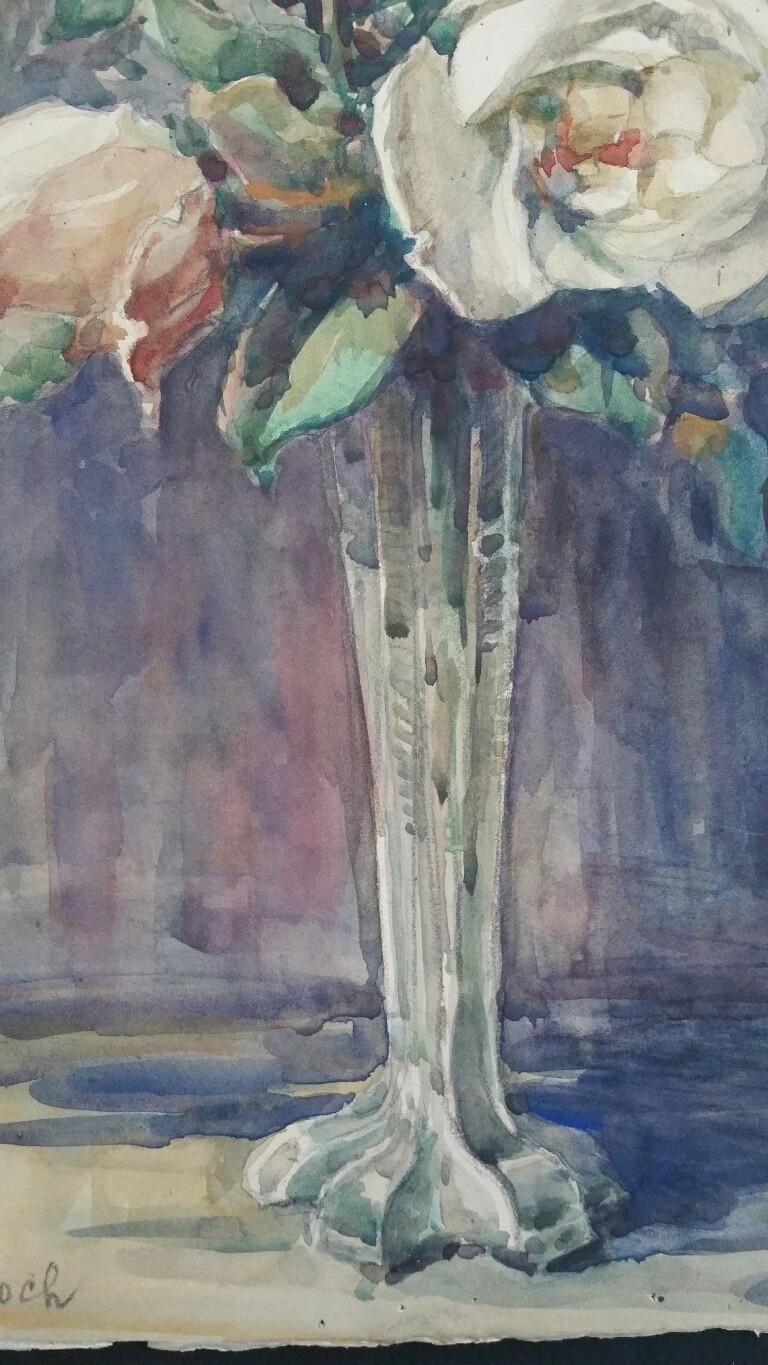 Aquarelle de l'École de Paris, milieu du 20e siècle, roses en vente 3