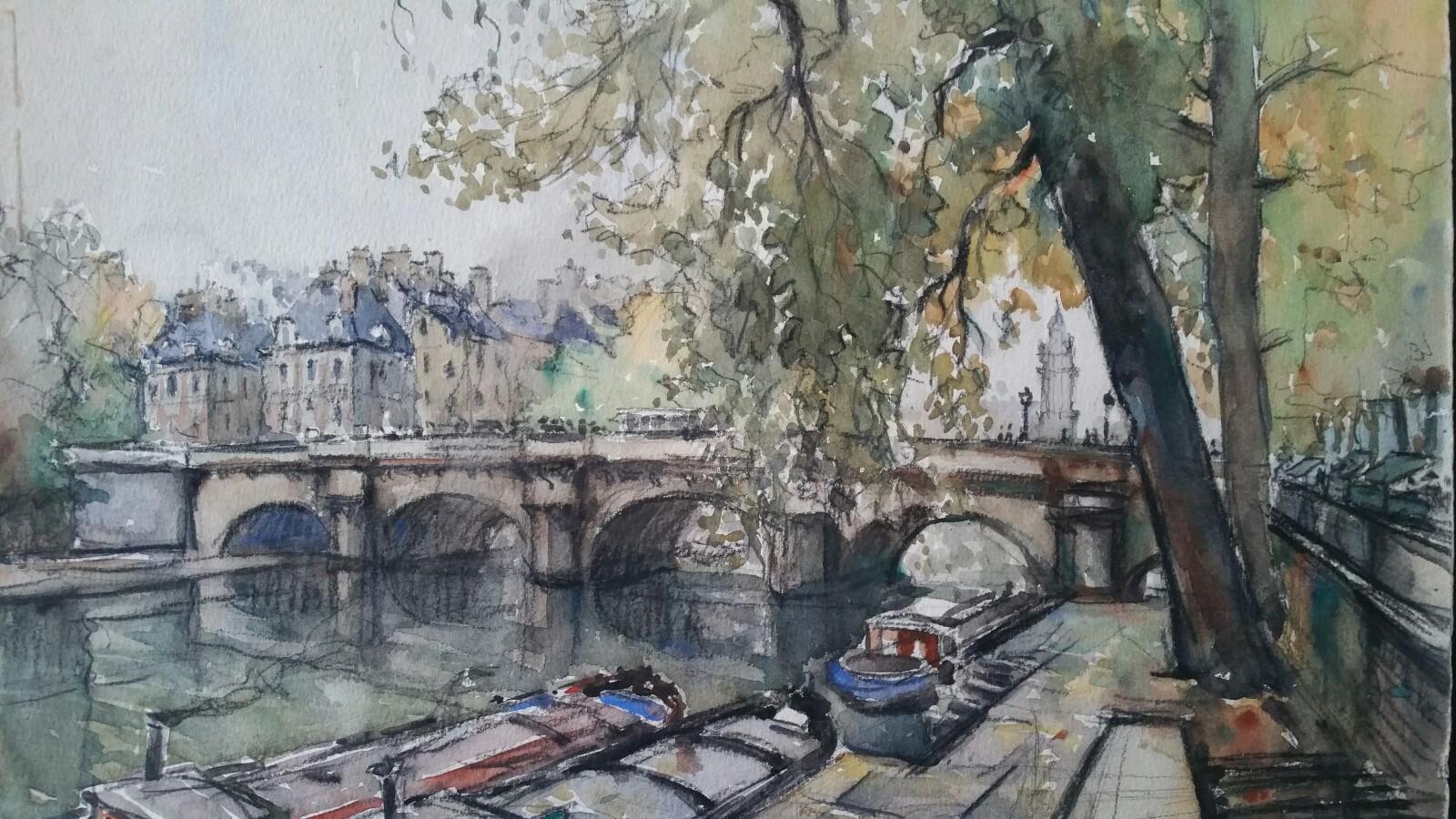 Henri Miloch Landscape Painting - Ecole de Paris Mid 20th Century River Seine Paris: Les Quais