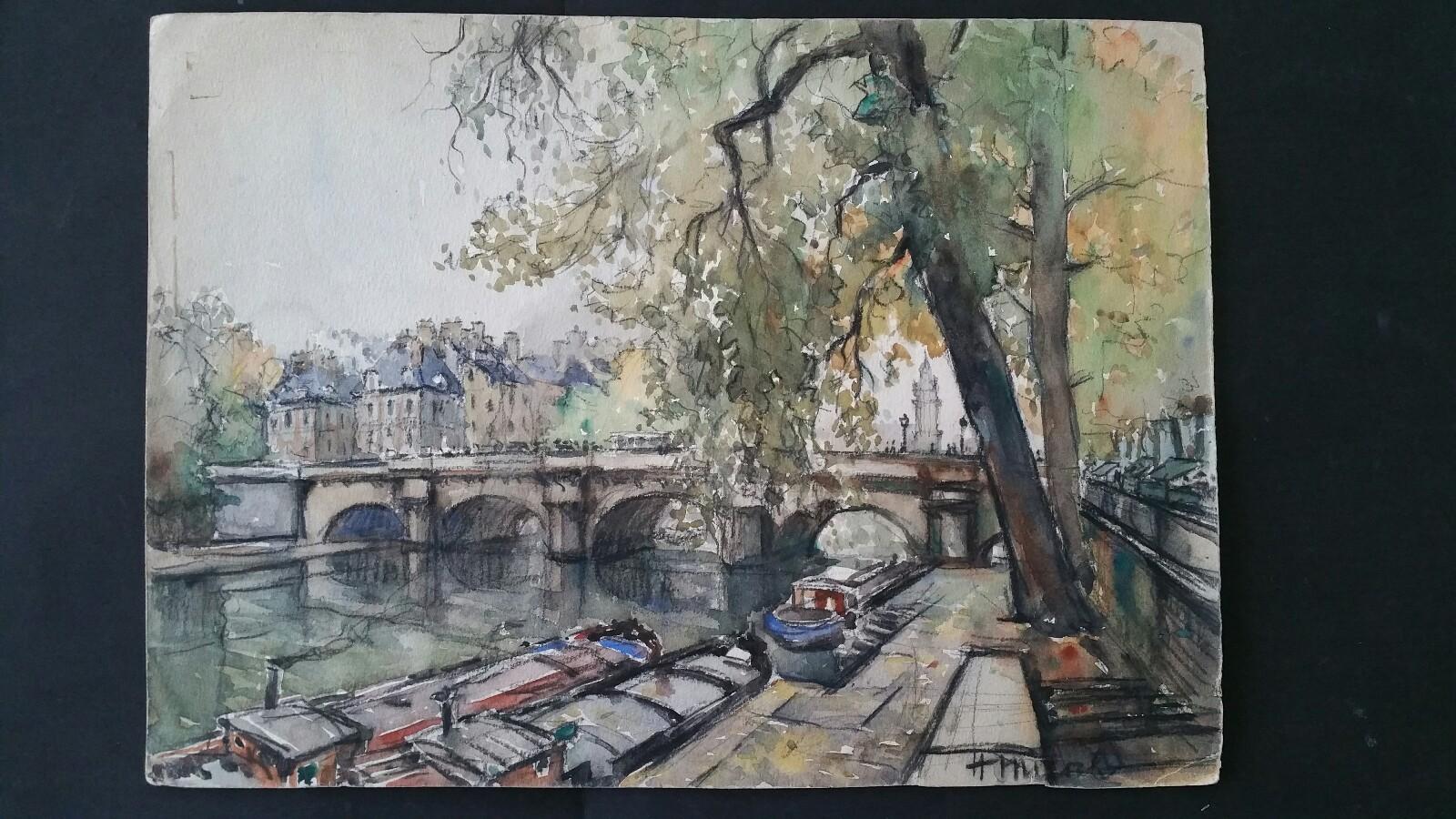 Ecole de Paris Mid 20th Century River Seine Paris: Les Quais - Painting by Henri Miloch