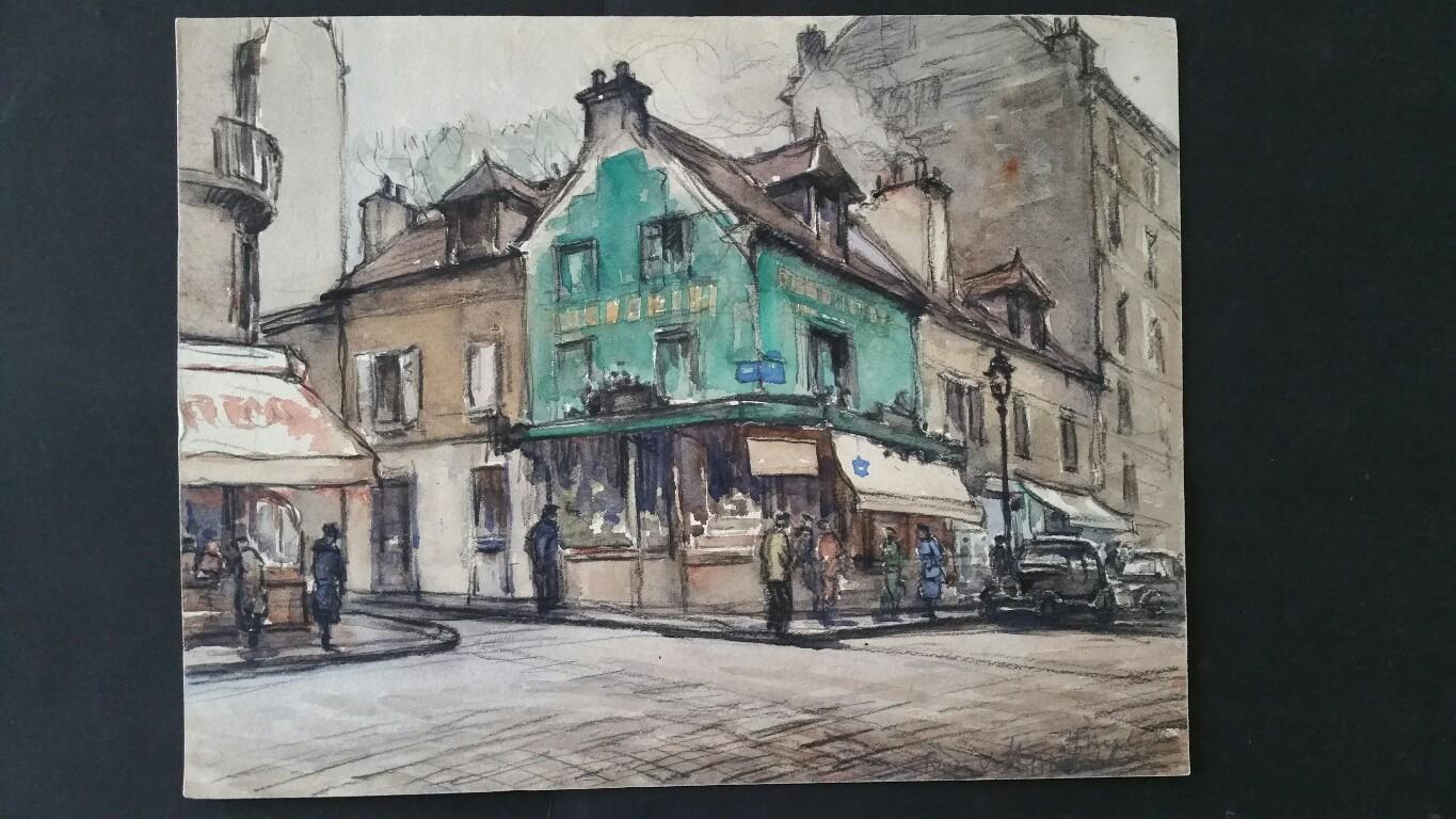 Ecole de Paris Mid 20th Century Paris Shops - Painting by Henri Miloch