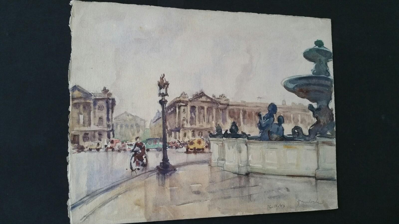 Paris: Place de la Concorde looking towards Rue Royale
by Henri Miloch (1898-1979)
signed lower right and dated for 16th September 1948
watercolour and gouache painting on artist's paper, unframed

Sheet:: 9.5 x 12.25 inches

Very pretty painting by