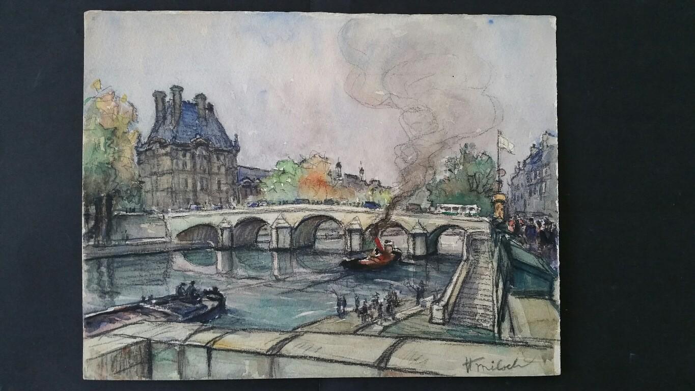 The Louvre Paris and Pont Royal, River Seine Mid 20th Century  - Art by Henri Miloch