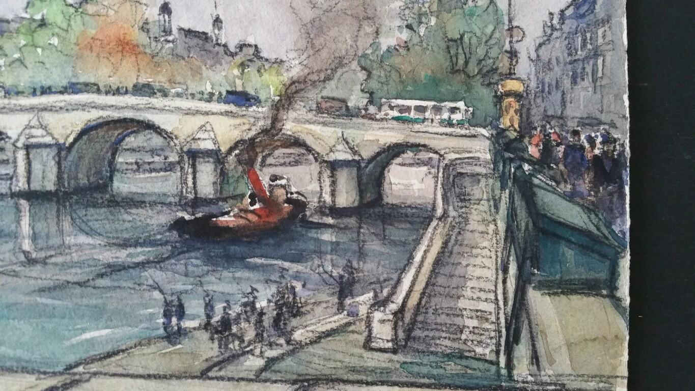 The Louvre Paris and Pont Royal, River Seine Mid 20th Century  - Impressionist Art by Henri Miloch