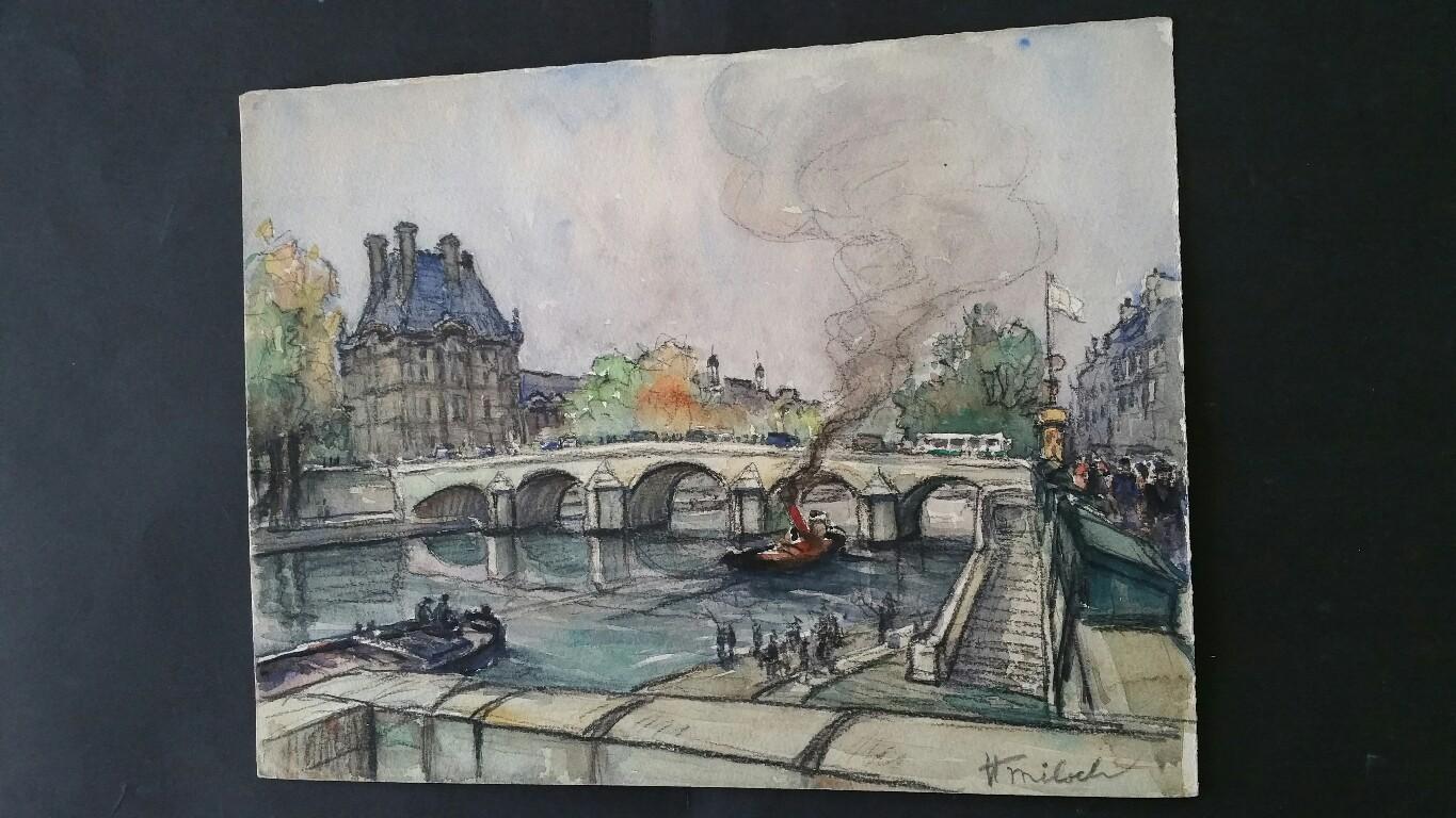 Paris: The Pont Royal and Ecole du Louvre
by Henri Miloch (1898-1979)
signed lower right
watercolour and gouache painting on artist's paper, unframed

Sheet:: 9.75 x 12.5 inches

Charming painting by the highly regarded painter, Henri Miloch. It