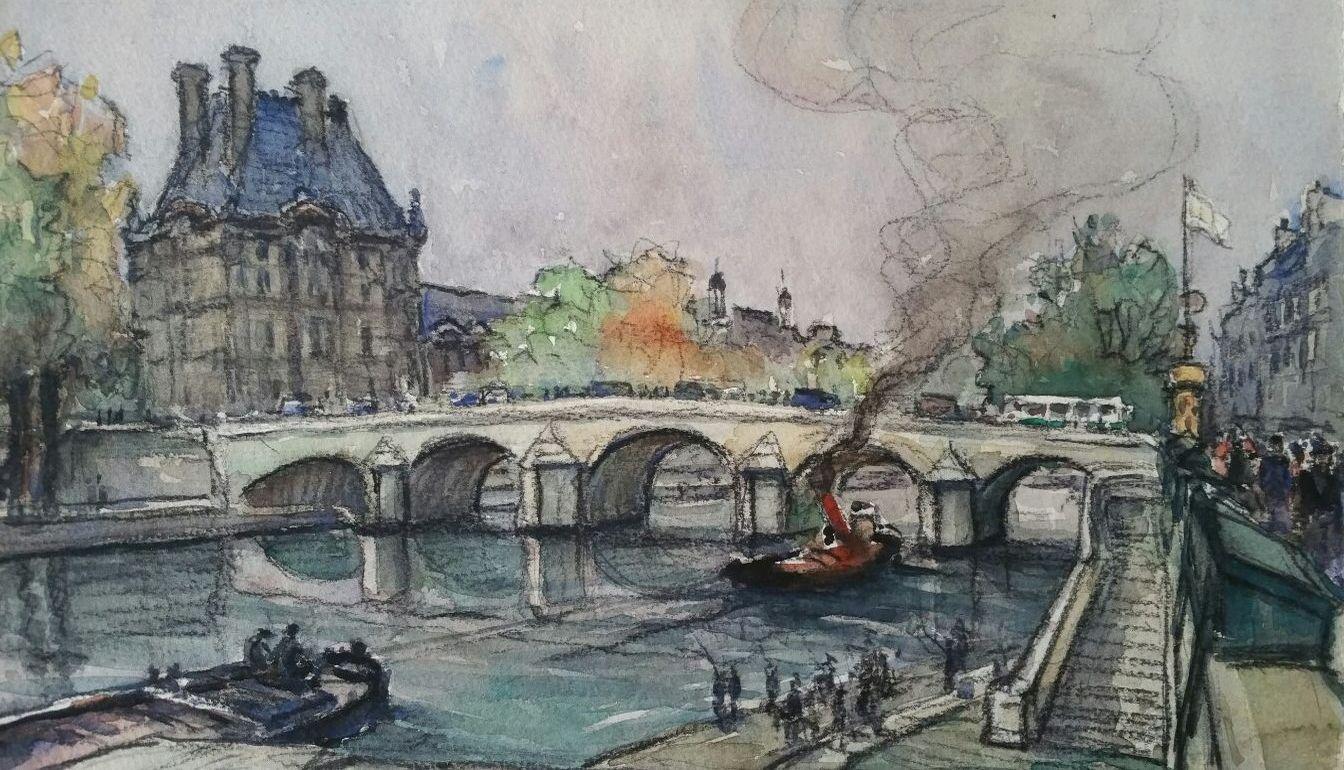 Henri Miloch Landscape Art - The Louvre Paris and Pont Royal, River Seine Mid 20th Century 
