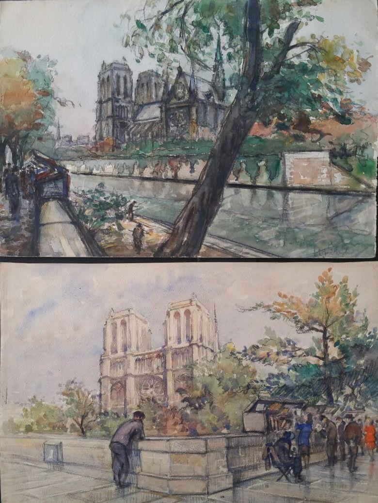Landscape Art di Henri Miloch - Ecole de Paris Metà del XX secolo Coppia di dipinti Notre Dame Parigi Fiume Senna