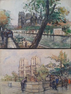 Ecole de Paris Mid 20th Century Pair of Paintings Notre Dame Paris River Seine