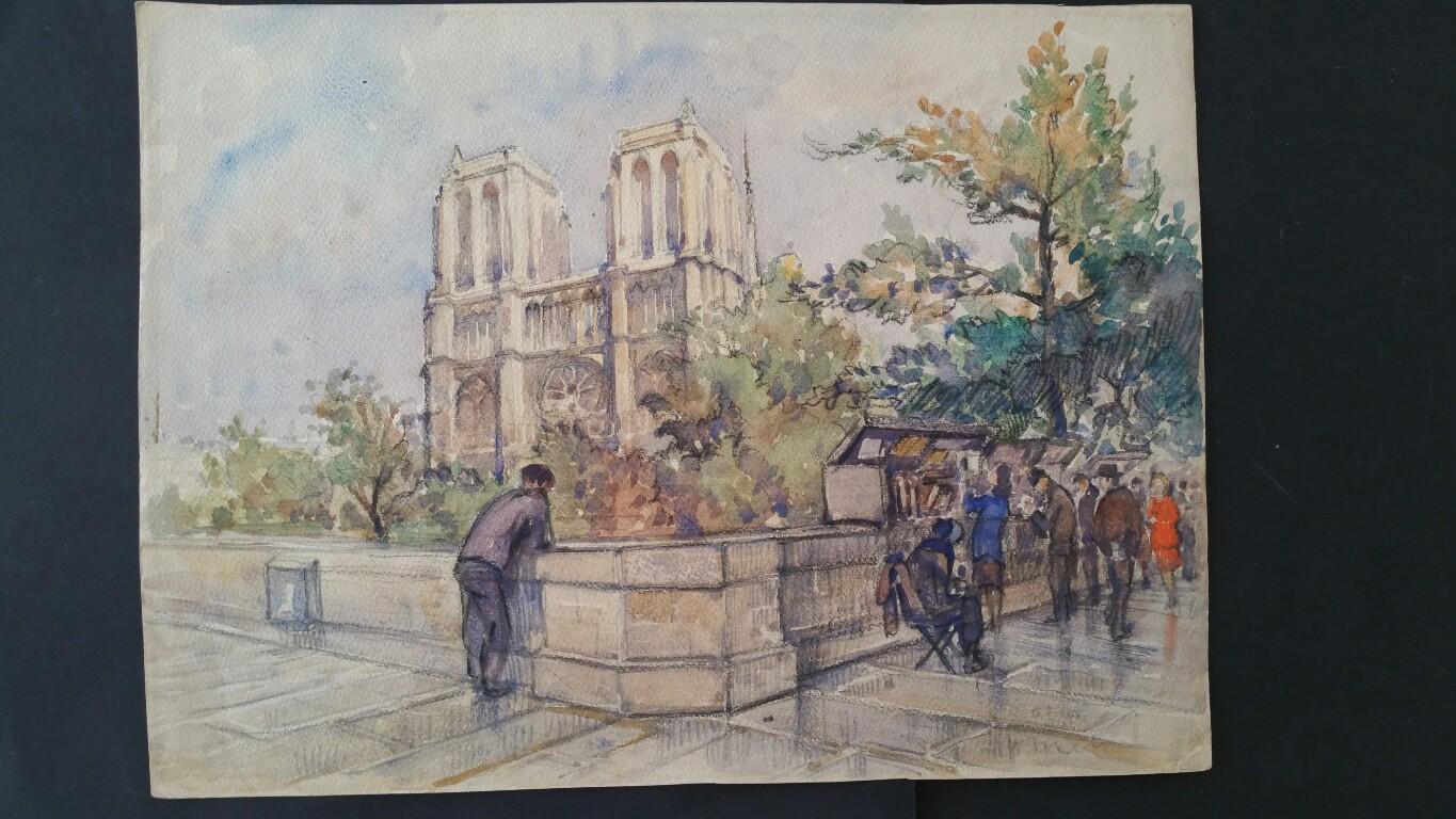 Ecole de Paris Mid 20th Century Pair of Paintings Notre Dame Paris River Seine - Art by Henri Miloch