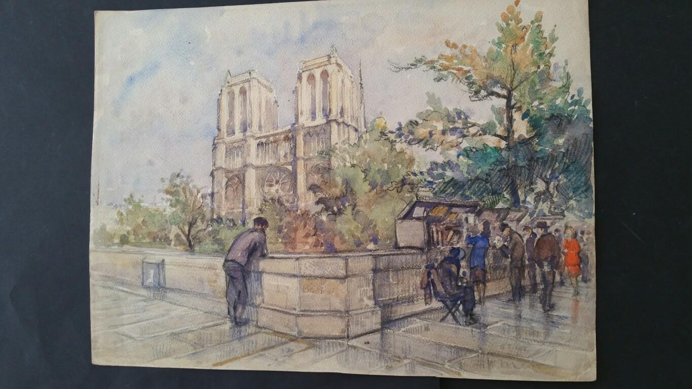 Ecole de Paris Mid 20th Century Pair of Paintings Notre Dame Paris River Seine For Sale 1