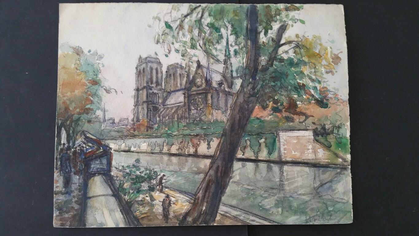Ecole de Paris Mid 20th Century Pair of Paintings Notre Dame Paris River Seine For Sale 3