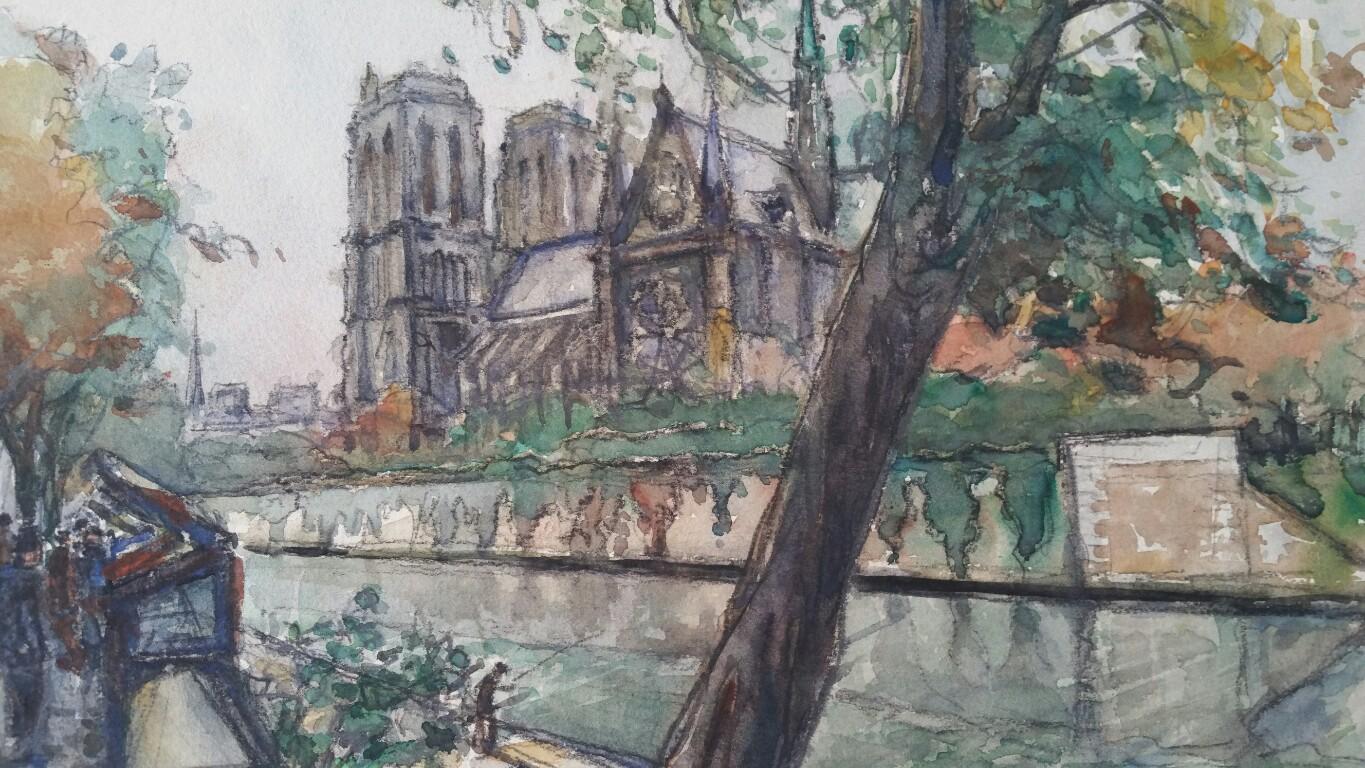 Ecole de Paris Mid 20th Century Pair of Paintings Notre Dame Paris River Seine For Sale 4