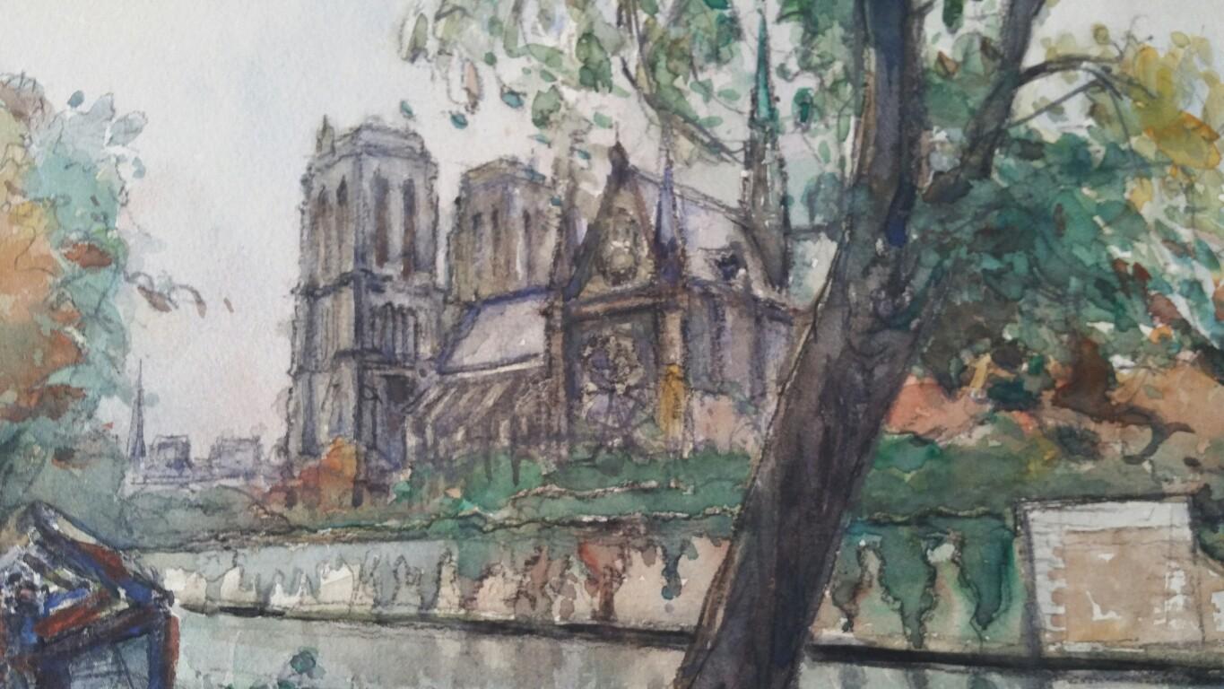 Ecole de Paris Mid 20th Century Pair of Paintings Notre Dame Paris River Seine For Sale 7